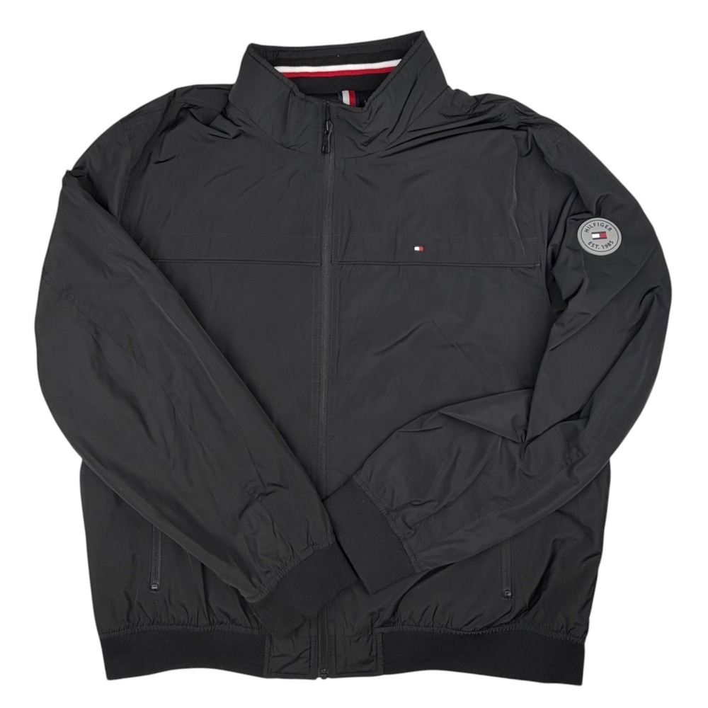 Tommy Hilfiger Men's XL Black Water Wind Resistant Bomber Windbreaker Spellout
